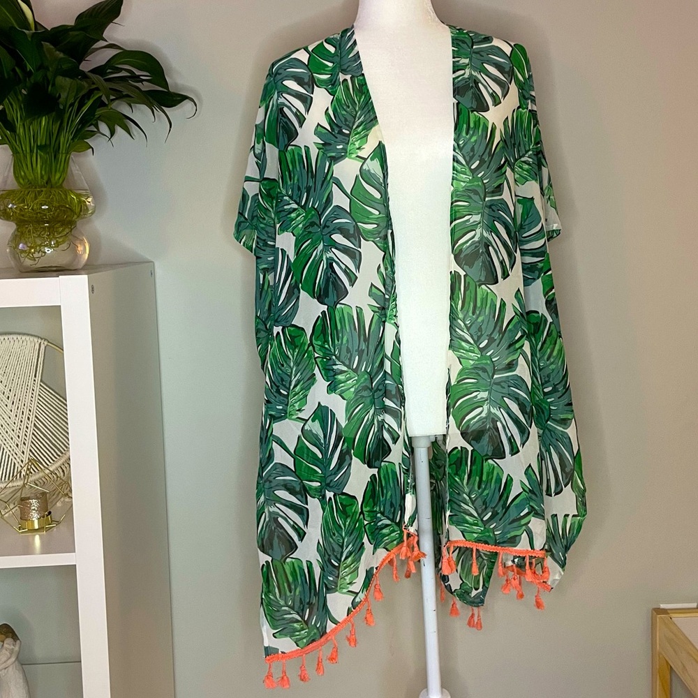 EUC Tropical Swim Cover-Up with pink trim & tassels OS